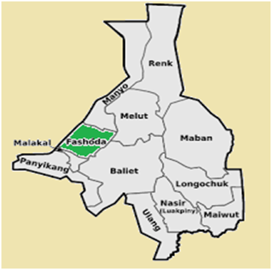 Map of Upper Nile State Showing fashoda county (Kodok) map with boundaries with other counties (Localities) 