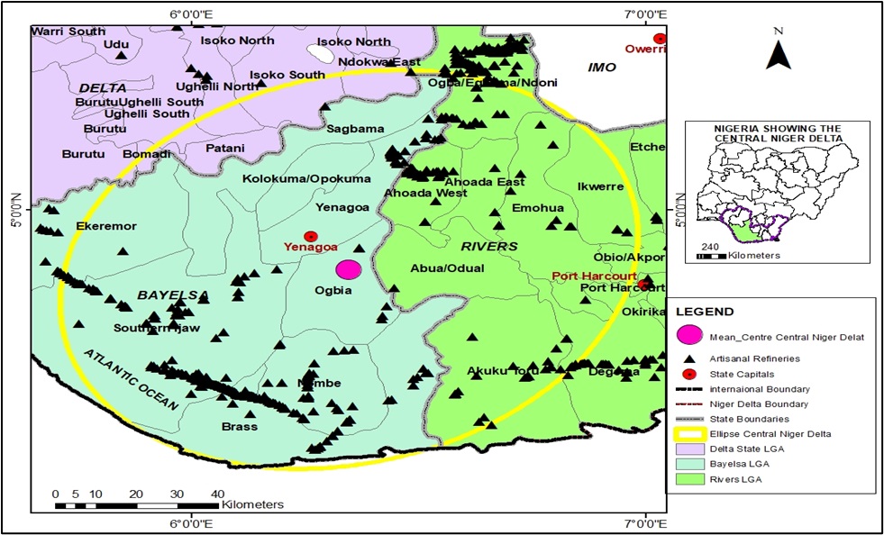 Ellipse and Mean Centre of Artisanal Refinery in Central Niger Delta