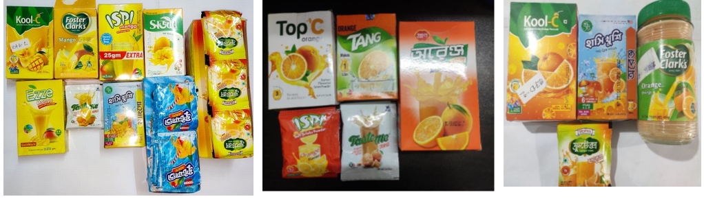Collected samples of powdered mango drink and orange drink