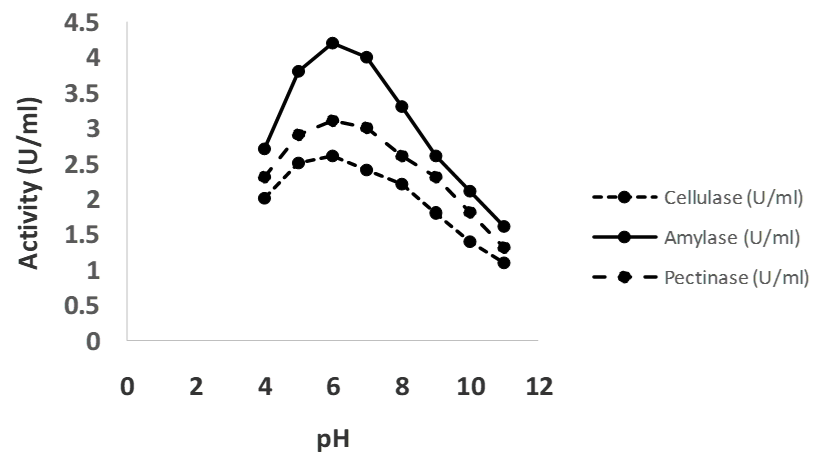 Optimal pH activities for cellulase, amylase, and pectinase synthases