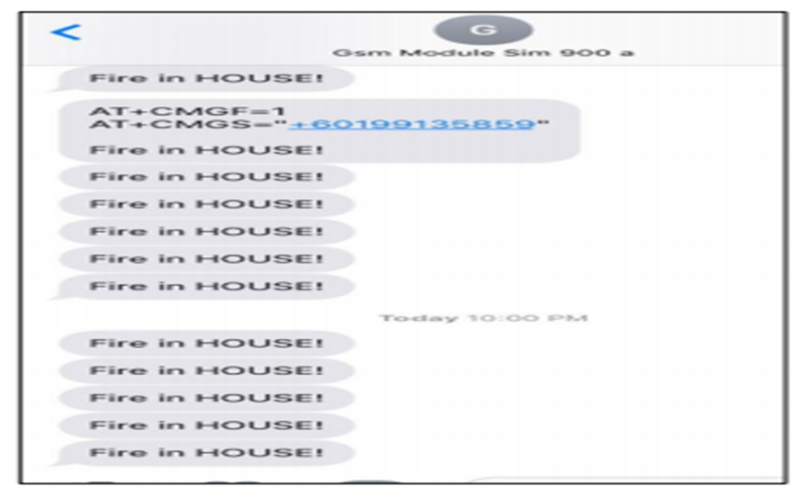 SMS received by the user to notify the fire's existence.