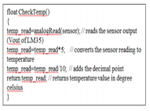 The program code for checking temperature and converting it to degree Celcius.
