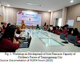Workshop on Development of Joint Resource Capacity of Children's Forum of Tanjungpinang City Source: Documentation of PUSPA Forum (2022)