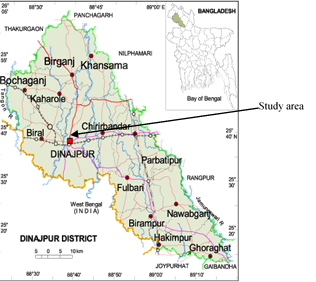 Map of Dinajpur district showing Sadar Upazila (Bangladesh inset)
