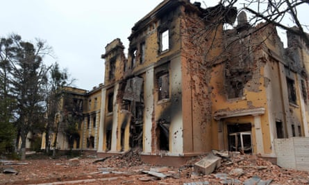 A school destroyed as a result of fighting not far from the centre of Kharkiv