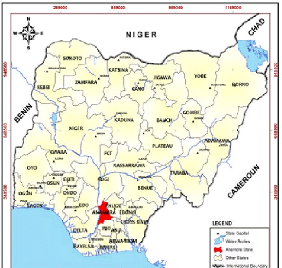 Map of Nigeria showing Anambra State