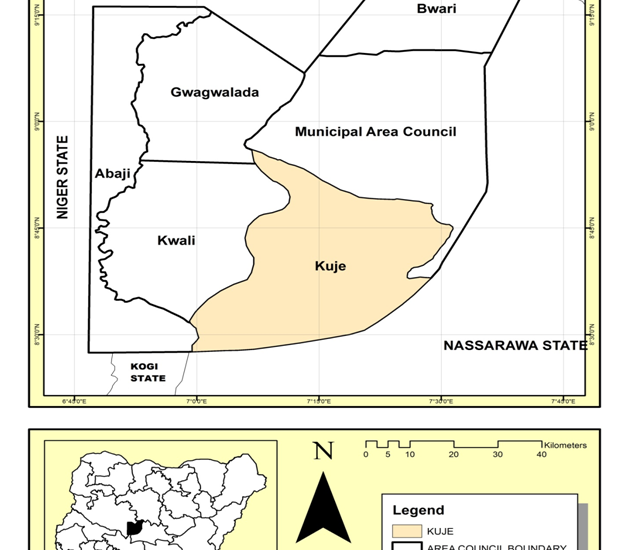 Fig 2 : Map showing Kuje Area Council ( where Pegi is located) amongst other area councils of the FCT and its boundary with other neighbouring states.