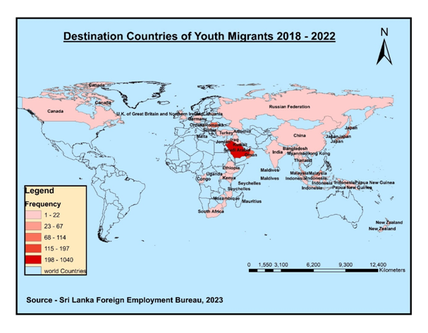 Map 4.2 Destination countries of the youth migrants, 2023