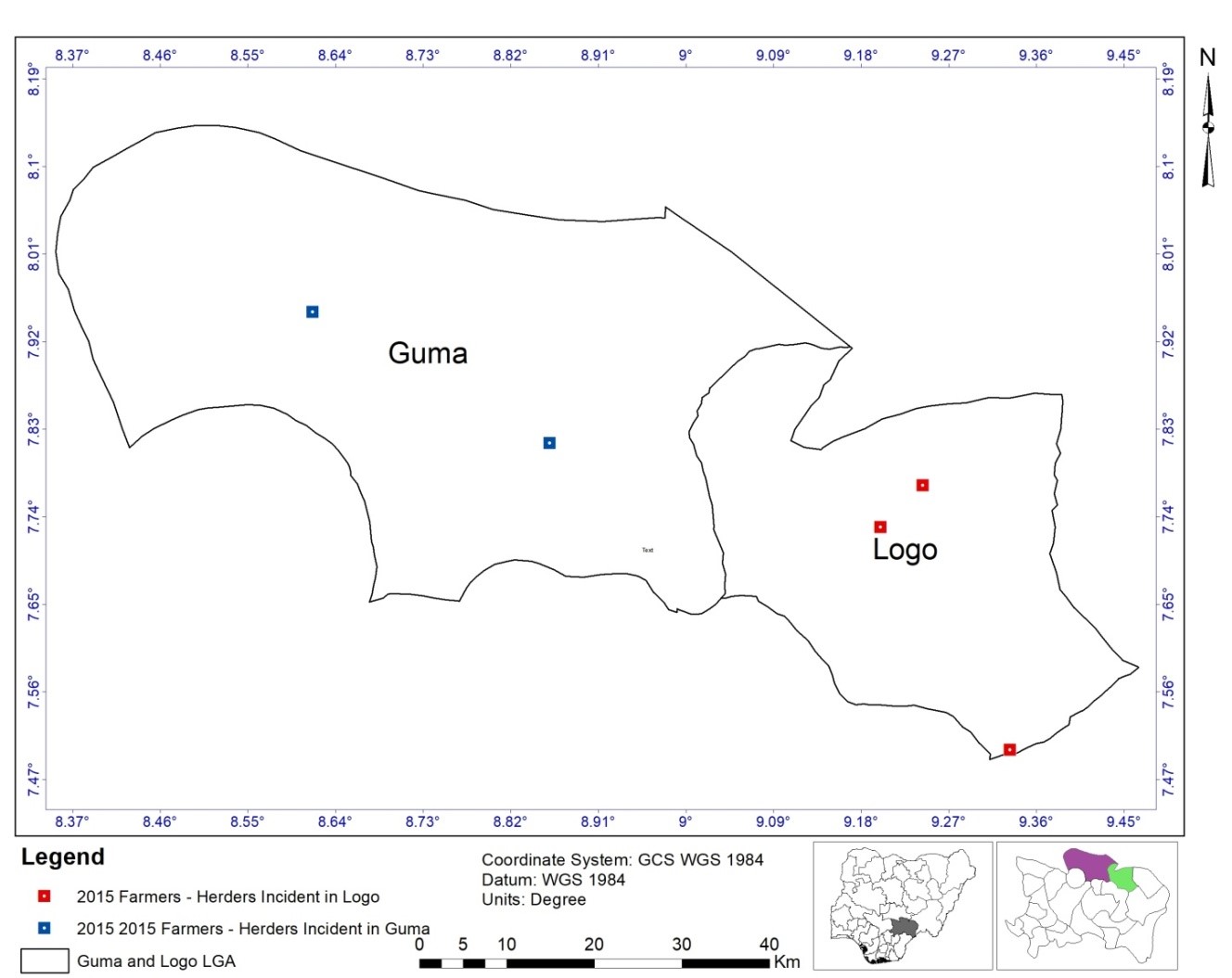 Incidence Locations of Farmers-Herders Conflict in Guma and Logo LGAs