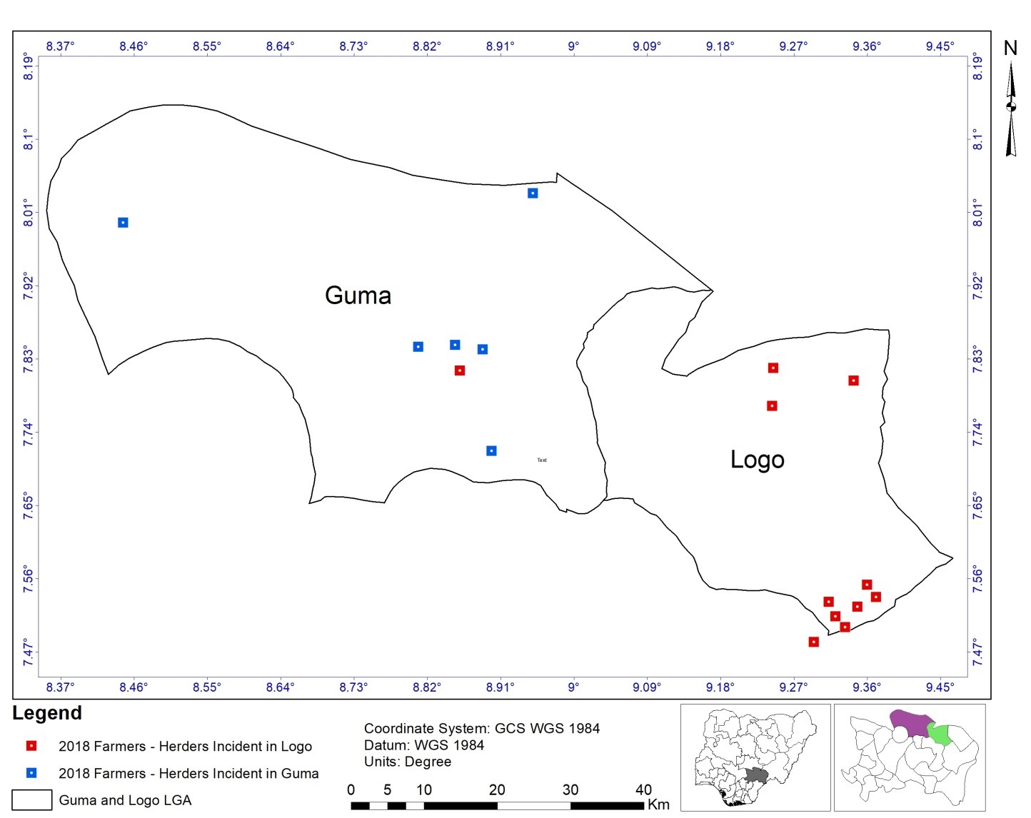 Locations of Farmers-Herders Conflict in Guma and Logo LGAs