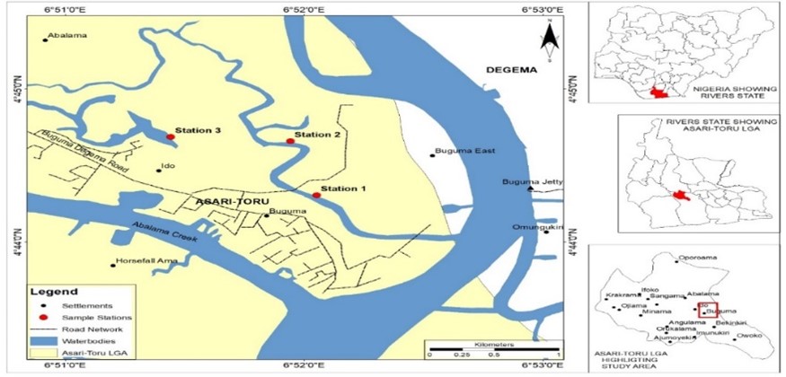 A map of the study Stations; Station 1=Amanyanabo Okolo, Station 2=Amanyanabo Okolo and Station 3=Ido Canal)
