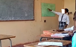 Peer teacher in school C using a teaching aid