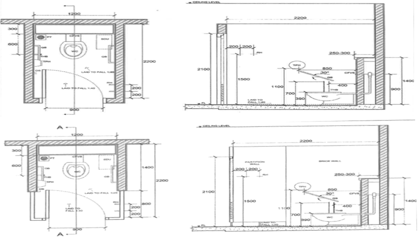 Full brick wall (top) and half brick wall and half partition cubicles plans (left) and sections (right)