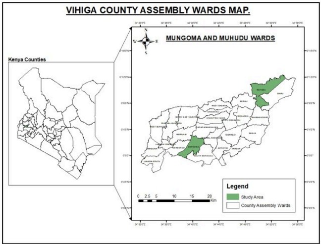 Map of the study area showing the location of Vihiga in Kenya and the study sites for soil testing