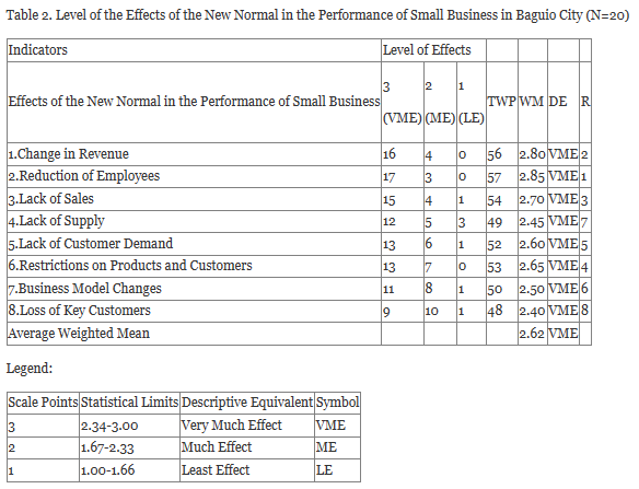 Small Business Performance in the New Normal in Baguio City