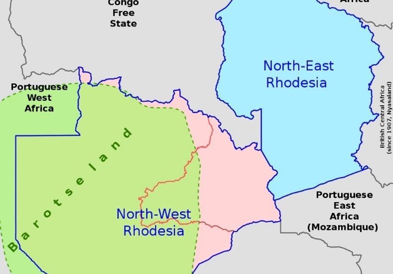 Former territories under the BSAC: North-East Rhodesia (blue), North-West Rhodesia (pink), and Barotseland (green), which finally morphed into Northern Rhodesia in 1924.