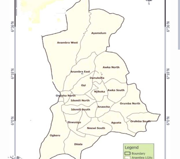 Map of Anambra State showing Anambra East LGA