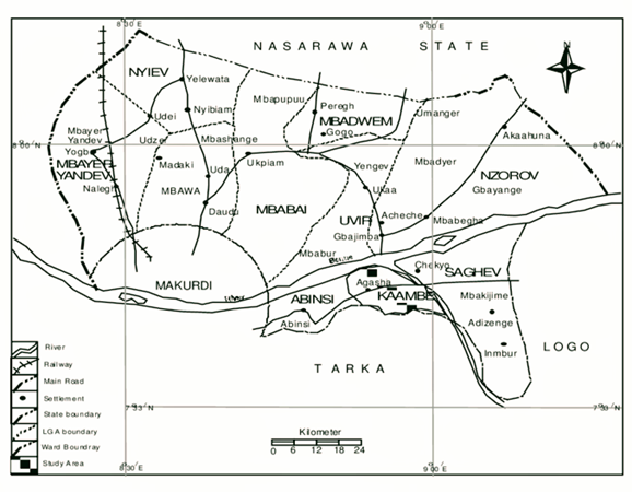 Map of Guma Local Government Area adapted from Benue State Ministry of Lands and Survey, as the study area