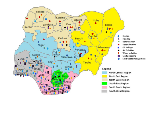 Map of Nigeria showing areas affected by some of the environmental problems caused by quarrying activities (Pona et al., 2021)