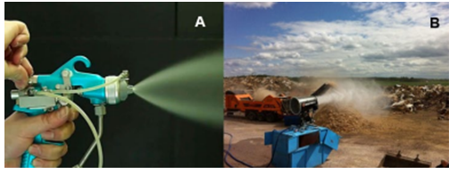 A=Spray gun. B=Dry fog application. A and B are examples of dust suppression technologies used to reduce dust particles in the quarry site (Garcia-Granda et al., 2024)