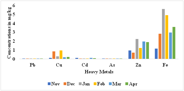 Figure 4: Temporal Variation of Heavy Metals in Periwinkle (Tympanotonus fuscatus) from Ibaka Creeks.
