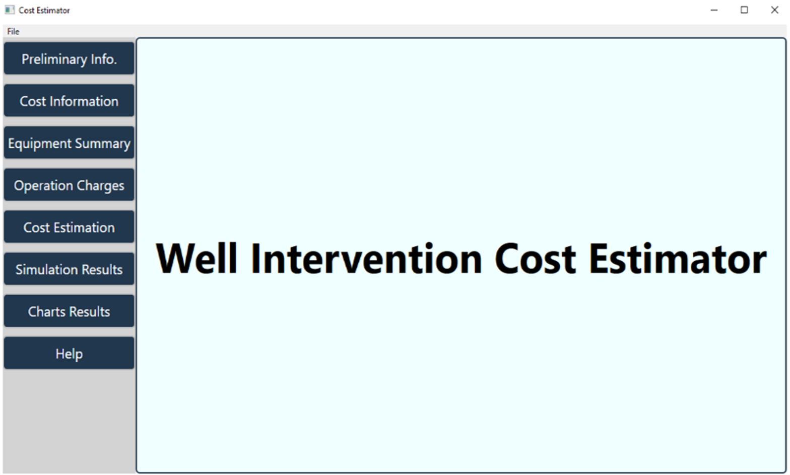  User interface of the well intervention cost estimation software.