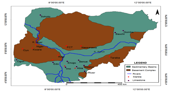 Map of Nigeria showing areas with solid minerals/rock deposits