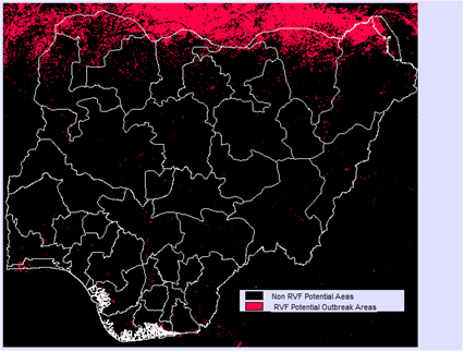 Figure 2. NDVI Climatology map of potential risk areas of arthropod-borne viral disease across Nigeria. These are areas subjected to extreme inter-annual climatic variability linked to the warm ENSO  periods of September 2014 to December 2015.   